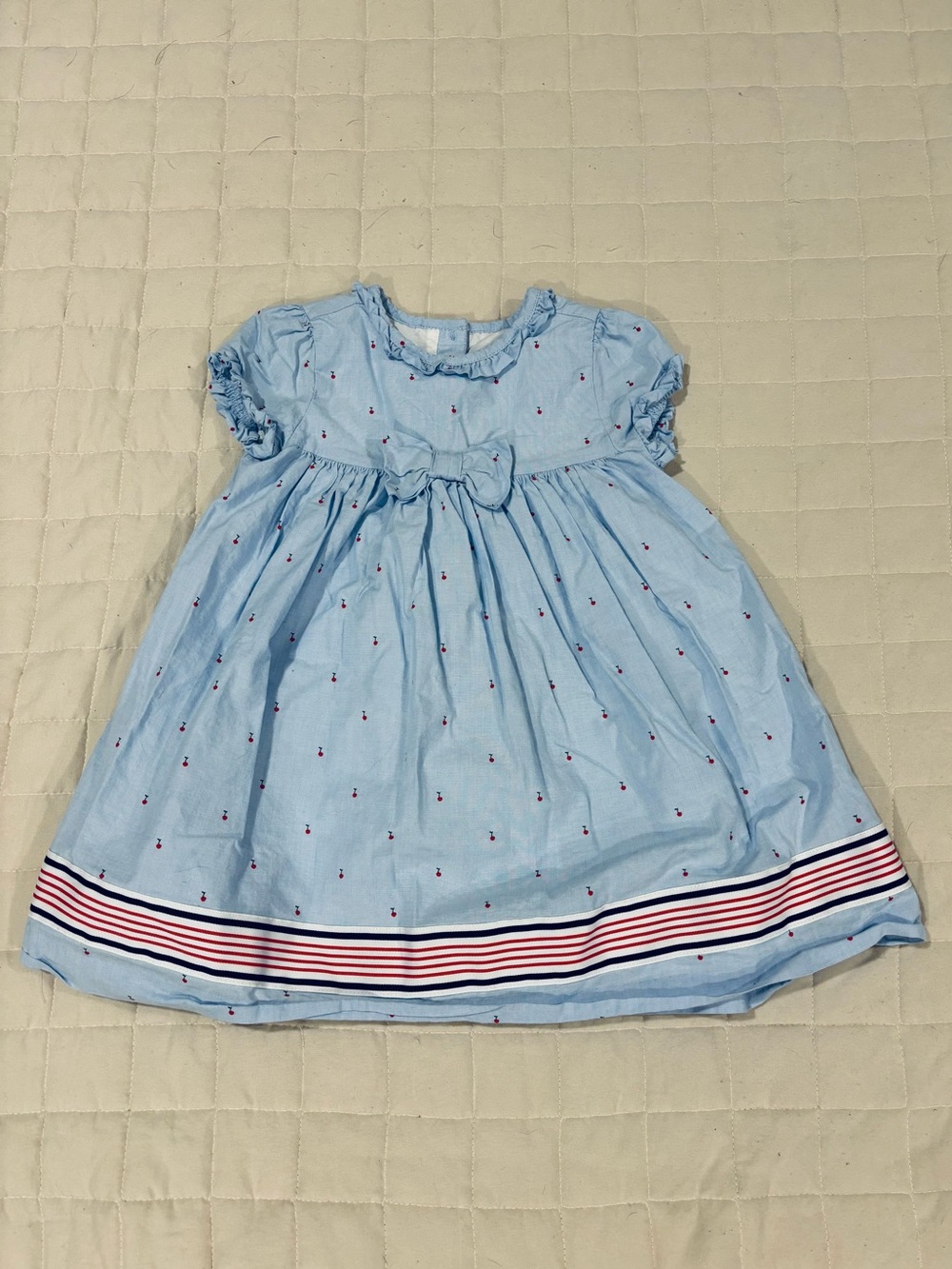 Janie and Jack Light Blue Embroidered Dress Mini Cherry Ribbon Hem 18-24 Month